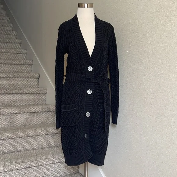 Banana Republic Sz M Belted Black Chunky Knit  Button Down Long Cardigan - Picture 3 of 16